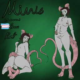 anthro backsack balls breasts brown_hair ear_piercing ear_ring feet female fur genitals green_background green_hair hair lgbt_pride multicolored_hair penis piercing pride_colors ring_piercing simple_background soles text toes transgender_pride_colors two_tone_hair vulva white_body white_fur hq2024 minnie_(hq2024) mammal murid murine rat rodent 1:1 hi_res model_sheet trans_(lore) trans_woman_(lore)