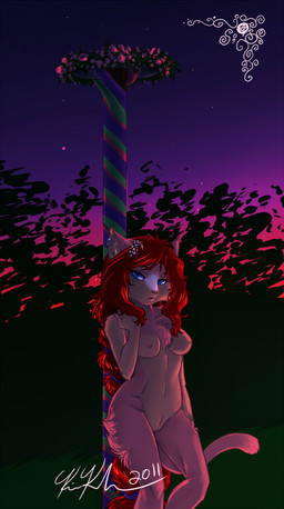 anthro blue_eyes breasts female genitals hair long_hair looking_at_viewer maypole nipples nude red_hair solo spring_(season) standing sunset tail vulva kathy-lu toni_(kathy-lu) domestic_cat felid feline felis mammal