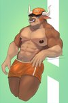 abs anthro barazoku baseball_cap bulge clothing ear_piercing facial_piercing hat headgear headwear horn male muscular muscular_anthro muscular_male navel nipples nose_piercing nose_ring pecs piercing ring_piercing simple_background solo standing underwear rsotart buck_(rsotart) bovid bovine cattle mammal 2021 2:3 absurd_res hi_res