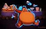 anthro belly big_belly burger dessert duo eating floating_hands food furniture ice_cream inflation male mind_control overeating overweight overweight_male possession table tablecloth cowardlion yepir ghost hyena mammal spirit hi_res