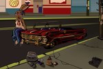alcohol anthro beer beverage blue_bottomwear blue_clothing blue_eyes blue_jeans blue_pants bottomwear bracelet brown_body brown_fur car cigarette clothing compact_disc denim denim_bottomwear denim_clothing dice eyeshadow female footwear fur jeans jersey jewelry long_ears looking_at_viewer lowrider makeup number_on_clothing pants shirt shoe_laces shoes solo speaker street tire topwear vehicle autenticovadito chicago_bulls nba nike humanoid lagomorph leporid mammal rabbit absurd_res hi_res