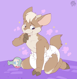 after_transformation age_regression ambiguous_gender anthro blush blush_lines bodily_fluids brown_body brown_fur brown_hooves brown_nose brown_tail clean_diaper clothed clothing cloven_hooves diaper diaper_only drooling finger_in_mouth fur hair head_horn hooves horn kneeling logo multicolored_body multicolored_fur pink_inner_ear potion potion_bottle purple_background saliva simple_background smile solo sparkles spiral spiral_eyes striped_body striped_fur striped_legs stripes sucking tail tan_body tan_fur tan_hair tan_stripes three-quarter_view thumb_in_mouth thumb_suck topless two_tone_body two_tone_fur wearing_diaper white_diaper bubblepuppers goat_(daxter131) bovid caprine goat mammal artist_logo full-length_portrait hi_res portrait