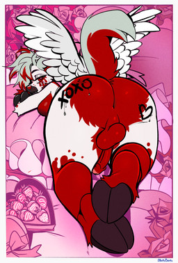 anthro anus areola balls bedroom_eyes big_areola big_breasts body_writing breast_squish breasts butt foreskin genitals gynomorph gynomorph/gynomorph holidays hooves intersex intersex/intersex looking_back narrowed_eyes penis presenting presenting_anus presenting_hindquarters raised_tail seductive solo squish tail teasing teasing_viewer wings writing_on_butt sparkibarki valentine's_day folfie_winter canid canine canis deer hybrid mammal wolf absurd_res hi_res