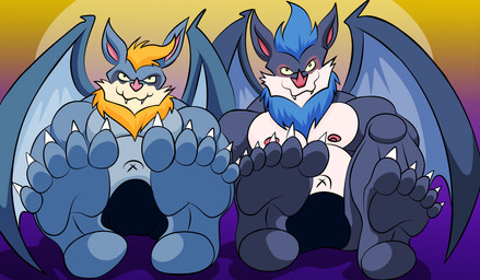 5_toes anthro arched_soles barefoot belly big_belly biped black_clothing black_thong black_underwear blonde_hair blue_body blue_fur blue_hair bulge cheek_tuft chin_tuft claws clothed clothing countershade_feet countershading curling_toes duo facial_tuft fangs feet foot_fetish foot_focus fur green_sclera grey_body grey_fur grin grinning_at_viewer hair humanoid_feet humanoid_heel implied_incest looking_at_viewer male membrane_(anatomy) membranous_wings mostly_nude multicolored_body multicolored_fur musclegut muscular muscular_anthro muscular_male navel neck_tuft nipples outie_navel overweight overweight_anthro overweight_male paws pecs pink_inner_ear pink_nipples pink_nose plantigrade pointy_ears shadow smile smiling_at_viewer smirk smirking_at_viewer soles tan_body tan_fur teasing teasing_viewer teasing_with_feet teeth thong thong_only toe_claws toes topless topless_anthro topless_male tuft two_tone_body two_tone_fur underwear underwear_only white_toe_claws wings yellow_body yellow_fur armiandillo silverwing_(series) chinook_silverwing shade_silverwing bat mammal 2023 colored digital_drawing_(artwork) digital_media_(artwork) hi_res shaded brother_(lore) brothers_(lore) sibling_(lore)