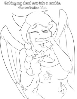 anthro apron bodily_fluids bone_frill braided_hair breasts cleavage clothed clothing cookie crying dialogue eyelashes eyes_closed feathered_wings feathers female food frill_(anatomy) hair long_hair mature_anthro mature_female open_mouth snout solo tears text wings arsenic_iii baking_my_long_distance_bf_into_a_cookie_because_i_miss_him cavemanon_studios goodbye_volcano_high ko_op_(game_developer) snoot_game naser_(gvh) samantha_(snoot_game) prehistoric_species pterodactylus pterosaur reptile scalie 2024 english_text hi_res meme monochrome sketch