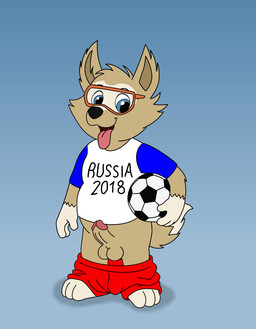anthro balls bottomwear bottomwear_down clothed clothing erection genitals half_naked humanoid_genitalia humanoid_penis male mascot pants pants_down partially_clothed penis shota slightly_chubby soccer_uniform solo sportswear standing tongue tongue_out uniform world_cup young young_anthro young_male unclejock fifa zabivaka canid canine canis mammal wolf