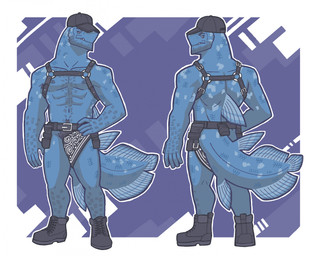 abs anthro areola arm_hair baseball_cap belly_hair belt biceps black_belt black_boots black_clothing black_eyebrows black_eyes black_footwear black_hat black_headwear black_kerchief black_pubes blue_areola blue_body blue_fin blue_nipples blue_scales blue_tail body_hair boots bulge chest_hair clothing deltoids dorsal_fin eyebrows fin footwear front_view happy_trail harness hat headgear headwear kerchief leg_hair looking_back male male_anthro multicolored_kerchief muscular muscular_anthro muscular_male nipples non-mammal_nipples o-ring pecs pube_peek pubes pupils rear_view scales shoes solo standing stocky stubble tail tail_fin teeth two_tone_kerchief utility_belt white_kerchief white_pupils snarkysardine aquatic coelacanth fish lobe-finned_fish 2026 hi_res