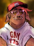 anthro clothing domestic_pig eyewear hair hat headgear headwear heart_symbol legendfromthedeep looking_at_viewer male mammal red_hair shirt solo suid suina sunglasses sus_(pig) topwear