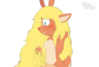 anthro antlers areola blonde_hair blue_eyes blush breasts brown_body brown_fur buckteeth cartoon_freckles chest_tuft duo female freckled_face freckles fur genitals hair hairjob hand_in_hair horn long_hair male nipples nude open_mouth penis red_nose small_breasts tail teeth touching_hair tuft bingbingo deltarune undertale_(series) noelle_holiday deer human mammal new_world_deer reindeer hi_res watermark