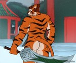 anthro back_muscles butt eyebrows fur holding_melee_weapon holding_object holding_sword holding_weapon looking_at_viewer looking_back looking_back_at_viewer male melee_weapon multicolored_body multicolored_fur muscular muscular_anthro muscular_male nude orange_body orange_fur outside purple_eyes smile snow solo striped_body striped_fur stripes sword teeth temple triceps two_tone_body two_tone_fur weapon dasinbun hi-rez_studios paladins_(game) tiberius_(paladins) felid mammal pantherine tiger signature