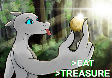 anthro bald blue_eyes bodily_fluids coin confusion detailed_background female forest glistening grey_body grey_scales holding_coin holding_object horn light light_beam long_tongue nude outside plant saliva scales sharp_teeth solo standing sunbeam sunlight teeth text tongue tongue_out tree digdog bethesda_game_studios microsoft rise_of_the_spider_cult the_elder_scrolls guillemet_(kazerad) argonian lizard reptile scalie 2025 digital_media_(artwork) english_text hi_res