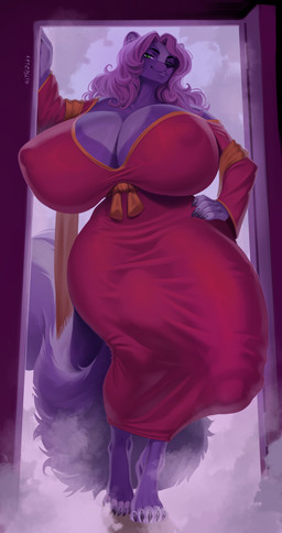 anthro balls balls_outline big_balls big_breasts big_penis breasts bulge claws clothed clothing detailed_bulge fur genital_outline genitals green_eyes gynomorph hair huge_breasts huge_penis humanoid_genitalia humanoid_penis intersex looking_at_viewer nipple_outline nipples penis penis_outline purple_body purple_fur solo stripes tail thick_thighs white_body white_fur wetsealky jacinda_zefi mammal mephitid skunk striped_skunk absurd_res digital_media_(artwork) hi_res