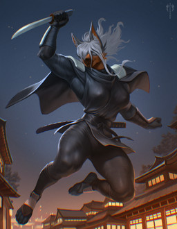 anthro black_body black_fur breasts clothed clothed_anthro clothed_female clothing female fur hair katana melee_weapon multicolored_body multicolored_fur ninja orange_body orange_fur solo sword two_tone_body two_tone_fur warrior weapon white_hair levsha nintendo pokemon kayla_(erohr) generation_8_pokemon pokemon_(species) thievul 2025