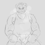 bottomwear boxing_gloves clothing fur handwear male shirt shorts sitting smile solo steam steamy_breath tank_top topwear white_body white_fur pinnati bear mammal polar_bear ursine 1:1 hi_res monochrome