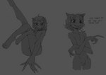 anthro claws fangs female female/female fingernails fur grey_background grey_body grey_fur long_fingernails long_fingers nails pube_peek pubes simple_background solo teeth text smekbo missy_(napalm_express) mammal monster wolficus 2023 english_text monochrome sketch