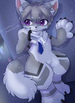 4_toes 5_fingers ambiguous_gender anthro assassin black_nose blue_necktie cheek_tuft claws dagger facial_tuft feet fingers frown fur green_hair grey_body grey_fur hair holding_dagger holding_melee_weapon holding_object holding_weapon inner_ear_fluff looking_back melee_weapon mostly_nude multicolored_body necktie necktie_only pawpads solo standing tail text toe_claws toes tuft two_tone_body weapon koto0v0haru canid canine mammal digital_media_(artwork) english_text hi_res japanese_text