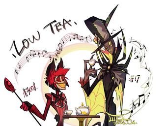 4_eyes clothed clothing container cup duo hat headgear headwear male multi_eye musical_note musical_symbol symbol tea_cup teapot text chen_strawberrr hazbin_hotel hellaverse alastor_(hazbin_hotel) zestial_(hazbin_hotel) animal_humanoid deer deer_humanoid demon demon_humanoid humanoid mammal mammal_humanoid english_text hi_res
