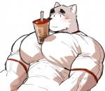 anthro between_pecs beverage bubble_tea clothing fur kemono male muscular muscular_anthro muscular_male pecs simple_background solo syukapong hands-free_bubble_tea canid canine mammal 2019 digital_media_(artwork) meme