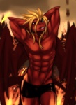 abs anthro biped blonde_hair clothed clothing fire front_view furgonomics furry-specific_piercing hair hands_behind_head lava legwear male membrane_(anatomy) membranous_wings muscular muscular_anthro muscular_male navel navel_piercing navel_ring pecs piercing ring_piercing solo spade_tail standing stockings tail tail_piercing topless underwear wings starsoul mythology soulfire demon dragon mythological_creature mythological_scalie scalie