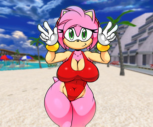 anthro big_breasts breasts cleavage clothed clothing female green_eyes one-piece_swimsuit solo swimwear thick_thighs randomgloves sega sonic_the_hedgehog_(series) amy_rose eulipotyphlan hedgehog mammal hi_res