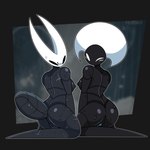 anthro areola arthropod arthropod_abdomen big_butt black_areola black_body black_nipples blue_pussy blush blush_lines bodily_fluids breasts butt duo featureless_feet feet female fluffbird genitals grey_areola grey_body grey_nipples hi_res hollow_knight hornet_(hollow_knight) insect kneeling lace_(hollow_knight) looking_at_viewer looking_back looking_back_at_viewer nipples nude pussy rear_view scar sweat sweatdrop team_cherry thick_thighs white_body wide_hips