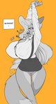 anthro areola_outline arms_above_head big_breasts biped bottomwear breasts button_(fastener) button_pop clothed clothing female hair huge_breasts nipple_outline orange_background simple_background skirt solo stretching stretching_arms text text_box wardrobe_malfunction crackiepipe denisse canid canine fox mammal 2023 english_text greyscale hi_res monochrome