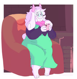3_toes anthro barefoot belly beverage black_eyebrows black_sleeves brick brick_wall candy chair chocolate closed_smile clothing container cup dessert detailed_background eyebrow_through_hair eyebrows eyelashes eyewear feet femboy fireplace floppy_ears food furniture glasses green_clothing green_eyewear green_glasses green_robe hair holding_container holding_cup holding_mug holding_object horn hot_chocolate male mouth_closed mug on_chair overweight overweight_anthro overweight_male pink_eyes pink_horn pink_scarf robe round_glasses scarf scut_tail short_tail sitting sitting_on_chair smile snout solo steam tail thick_thighs toes translucent translucent_hair wall_(structure) white_hair rekteon deltarune undertale_(series) ralsei bovid caprine darkner mammal 2026 hi_res portrait