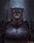 anthro armor brown_body brown_fur eyes_closed female fur raining solo alectorfencer felid lion mammal pantherine 2020 digital_media_(artwork) headshot_portrait portrait