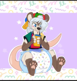 1990s_theme 4_fingers 4_toes ambiguous_gender anthro backwards_cap backwards_hat big_diaper black_nose blue_claws brown_body brown_ears brown_fur claws clean_diaper clothed clothing cloud_emanata diaper diaper_puff directional_arrow emanata feet fingerless_(marking) fingerless_gloves_(marking) fingers freckled_face freckles fur gloves_(marking) grey_hair hair hat headgear headwear holding_object leg_markings looking_down markings multicolored_body multicolored_clothing multicolored_fur multicolored_hat multicolored_shirt multicolored_topwear pattern_background pawpads pink_pawpads pink_tail shirt simple_background sitting smile socks_(marking) solo tail tan_body tan_fur tan_inner_ear three-quarter_view toe_claws toes topwear two_tone_body two_tone_fur wearing_diaper jupiters game_boy_color game_boy_family nintendo dakota_(dakotafloof) american_opossum mammal marsupial full-length_portrait hi_res letterbox portrait male_(lore)