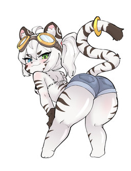 accessory anthro blush bottomwear breasts butt clothed clothing denim denim_bottomwear denim_clothing denim_shorts eyebrows eyelashes eyewear eyewear_on_head female fur furgonomics goggles goggles_on_head grin hair heterochromia jewelry looking_at_viewer looking_back pants presenting presenting_hindquarters raised_tail ring short_stack shorts simple_background smile solo standing striped_body striped_fur stripes tail tail_accessory tail_jewelry tail_ring thick_thighs white_body white_fur white_hair xeppir felid mammal pantherine tiger 2025 hi_res