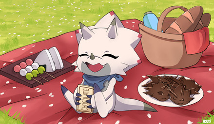 2_horns ambiguous_gender basket bread candy chocolate container dango_(food) dessert eyes_closed facial_horn fangs food happy holding_object horn kerchief nose_horn onigiri open_mouth open_smile outside plate rice semi-anthro sitting smile solo tail teeth white_body white_skin houei bandai_namco digimon digimon_ghost_game ceratopsian digimon_(species) dinosaur gammamon ornithischian prehistoric_species reptile scalie 2023 digital_media_(artwork) hi_res signature