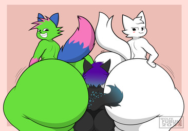 anthro between_butts big_butt black_body blue_ears bubble_butt butt butt_smother clothing green_body group hair hand_on_hip huge_butt looking_at_another looking_back male male/male multicolored_hair purple_hair rear_view sharp_teeth smile smothering teeth thong trio two_tone_hair two_tone_tail underwear white_body wolfe_fubuki boy_kisser_(meme) don't_touch_my_pizza_(meme) nyanwolf kevin_(nyanwolf) silly_cat_(mauzymice) canid canine canis domestic_cat felid feline felis mammal wolf 2025 cel_shading hi_res meme shaded