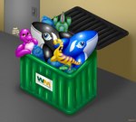 black_body blue_body blue_eyes clothing diaper door dumpster inflatable looking_at_viewer male pink_body simple_background solo text trashbag white_body yellow_body poppypascal waste_management zoran animate_inanimate dinosaur living_inflatable prehistoric_species reptile scalie