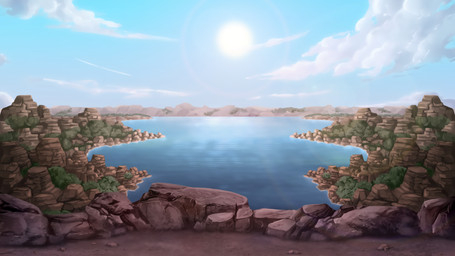 cloud lake landscape plant rock sun zero_pictured legendkairi nintendo pokemon pokemon_mystery_dungeon spike_chunsoft 16:9 4k absurd_res hi_res widescreen