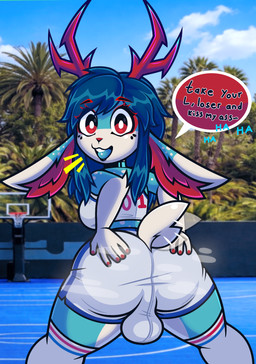 anthro antlers balls basketball basketball_uniform big_butt blue_body blue_hair breasts butt butt_focus clothing genitals gynomorph hair happy horn humiliation intersex kiss_my_ass mocking musk red_eyes red_nose solo sportswear tail taunting tight_clothing uniform rubber2d aj_jackalope jackalope lagomorph leporid mammal rabbit absurd_res hi_res