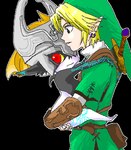 black_background blonde_hair blush carrying_another clothing duo ear_piercing female green_clothing green_hood green_shirt green_topwear green_tunic hair half-length_portrait humanoid humanoid_pointy_ears hylian link long_hair low_res male melee_weapon midna nintendo not_furry piercing portrait red_eyes shirt side_view simple_background sword sword_on_back the_legend_of_zelda topwear tunic twili twilight_princess unknown_artist weapon