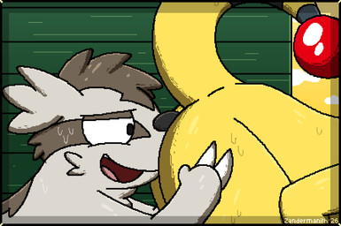 anthro big_butt black_body black_fur bodily_fluids breath brown_body brown_fur butt butt_sniffing claws cloud duo ellipsis eye_roll eyes_closed face_in_ass fur fur_markings hand_on_butt looking_pleasured male male/male markings moan narrowed_eyes open_mouth open_smile raised_tail sky smile sniffing striped_body striped_fur striped_markings striped_tail stripes sweat sweaty_butt tail tail_markings tail_orb tan_body tan_fur teeth text tilde_after_text yellow_body yellow_fur zandermanith nintendo pokemon ampharos generation_2_pokemon generation_3_pokemon linoone pokemon_(species) 2026 2d_animation animated artist_name dated digital_media_(artwork) pixel_(artwork) pixel_animation
