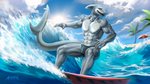 anthro beach blue_eyes bulge claws clothing cloud fin gills grey_body grey_skin head_fin male muscular muscular_anthro muscular_male nipples palm_tree plant public sea seaside sharp_teeth sky solo speedo surfboard surfing swimwear tail tail_fin tattoo teeth tree umbrella water wave amon-sydonai lysander_hano blacktip_reef_shark carcharhinus fish marine reef_shark requiem_shark shark 16:9 absurd_res hi_res huge_filesize widescreen