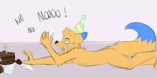 anthro biped birthday_cake black_nose blue_ears blue_eyebrows blue_pawpads blue_tail bodily_fluids cake clothing crying dessert dipstick_ears dipstick_tail ear_markings eyebrows food fur hat headgear headwear lying male markings monotone_body monotone_fur multicolored_ears on_front on_ground party_hat pawpads plate solo tail tail_markings tears yelling yellow_body yellow_ears yellow_fur yellow_tail fleurfurr canid canine fox mammal watermark