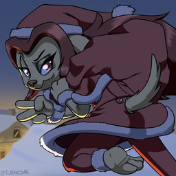 anthro christmas_clothing christmas_headwear clothing costume eyeshadow female hair hat headgear headwear holidays looking_at_viewer looking_back makeup night red_eyes red_hair rooftop santa_costume santa_hat solo winter turkojar christmas anima_(turkojar) canid canine canis domestic_dog mammal hi_res