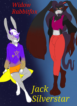 anthro antlers big_ears big_feet bulge clothing duo feet hoodie horn legwear magic male male/male shirt tank_top tights topwear torn_clothing widow_rabbitfox fledgedragonfox jack_silverstar canid canine fox hybrid jackalope lagomorph leporid mammal rabbit hi_res