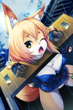 anthro asian_clothing bell bent_over blonde_hair bottomless breasts claws cleavage clothed clothing east_asian_clothing fangs female fingerless_gloves genitals gloves green_eyes hair handwear japanese_clothing kemono kimono lock long_hair looking_at_viewer open_mouth outside padlock raining restrained restraints sky solo stocks teeth vulva wince yukata yam2344 koko_(kishibe) canid canine fox mammal 2014 2:3 hi_res