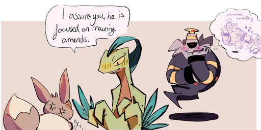 ambiguous_gender angry anthro blush blush_lines bodily_fluids cross-popping_vein dialogue feral group hand_holding male speech_bubble sweat sweatdrop text thought_bubble trio scribzag nintendo pokemon pokemon_mystery_dungeon spike_chunsoft dusknoir_(eotds) grovyle_the_thief dusknoir eevee generation_1_pokemon generation_3_pokemon generation_4_pokemon grovyle pokemon_(species) 2026 absurd_res digital_media_(artwork) english_text hi_res