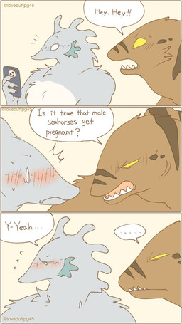 anthro blush dialogue duo electronics embarrassed fur male male/male nude phone teeth text lovebuffpg45 aquatic eel fish moray_eel seahorse syngnathid syngnathiform comic english_text hi_res