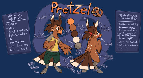 3_toes accessory anthro arm_feathers avian_feet back_tuft barefoot beak biped blush blush_lines bottomwear brown_body brown_feathers brown_hair brown_tail butt_tuft character_description cheek_tuft chest_tuft closed_smile clothed clothed_anthro clothed_male clothing color_swatch digitigrade dipstick_tail ear_feathers facial_tuft fan_tail feather_hair feather_hands feathers feet flustered food freckled_back freckled_face freckled_legs freckled_thighs freckles frown frown_eyebrows frowning_at_viewer fully_clothed fully_clothed_anthro fully_clothed_male green_bottomwear green_clothing green_shorts grey_clothing grey_feet grey_shirt grey_t-shirt grey_topwear hair hair_accessory hairband hairband_only head_feathers heart_symbol hooked_beak looking_aside looking_at_viewer looking_back looking_back_at_viewer male male_anthro markings mouth_closed multicolored_body multicolored_clothing multicolored_feathers multicolored_shirt multicolored_t-shirt multicolored_topwear nude nude_anthro nude_male orange_beak orange_eyes pointy_beak ponytail pretzel_(food) pronouns pseudo_hair rear_view scuted_feet scuted_legs scutes sharp_beak shirt shorts simple_background smile solo stated_age stated_bisexuality stated_sexuality t-shirt tail tail_feathers tail_feathers_tuft tail_markings talons tan_tail tan_tail_feathers tan_tail_tip text three-quarter_view toes topwear transparent_background tuft two_tone_body two_tone_clothing two_tone_feather_hair two_tone_feathers two_tone_shirt two_tone_t-shirt two_tone_tail two_tone_topwear white_sclera yellow_clothing yellow_shirt yellow_t-shirt yellow_topwear piemations ovo pretzel_(piemations) avian bird absurd_res alpha_channel character_name digital_media_(artwork) english_text full-length_portrait hi_res model_sheet multiple_images portrait