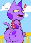 anthro big_butt bodily_fluids bottomless butt clothed clothing embarrassed exclamation_point fur huge_butt looking_back male purple_body purple_fur solo tears yellow_eyes filthyopossum animal_crossing nintendo bob_(animal_crossing) domestic_cat felid feline felis mammal hi_res