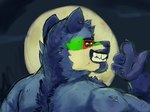 anthro blue_body blue_hair body_hair chest_hair chest_tuft dipped_ears ear_piercing ear_tuft facial_markings full_moon gloves_(marking) hair head_markings male markings mask_(marking) moon orange_eyes piercing solo tuft malle_yeno canid canine canis mammal procyonid raccoon raccoon_dog werecanid werecanine werecreature wolf digital_drawing_(artwork) digital_media_(artwork) hi_res