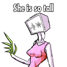 breasts clothing electronics female for_a_head green_fingers humor larger_female long_arms long_fingers long_neck machine medium_breasts pink_body pink_clothing screen screen_face size_difference small_waist solo television text thin_arms alberto_omega fan_character salat_finger humanoid object_head robot screen_head tv_head 1:1 meme