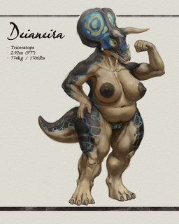 anthro areola belly big_belly big_breasts breasta breasts female horn looking_at_viewer muscular muscular_female navel nipples non-mammal_breasts non-mammal_navel non-mammal_nipples nude open_mouth overweight overweight_anthro overweight_female scales solo tail text thick_thighs upai deianeira_(casimyrcsko) ceratopsian ceratopsid chasmosaurine dinosaur marginocephalian ornithischian prehistoric_species reptile scalie triceratops 4:5 absurd_res digital_media_(artwork) hi_res model_sheet