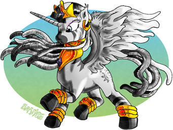 blue_eyes bracelet crown cutie_mark dreadlocks ear_piercing feathered_wings feathers female feral gold_(metal) hair headgear hooves horn jewelry mohawk multicolored_hair necklace piercing quadruped solo stripes tail tiara wings davide76 friendship_is_magic hasbro my_little_pony mythology zecora_(mlp) equid equine mammal mythological_creature mythological_equine winged_unicorn zebra source_request unavailable_at_source
